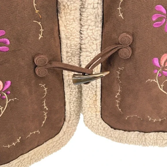 Relativity Womens Large Pre-Owned Faux Suede Brown Embroidered Sherpa Lined Vest - Picture 5 of 17